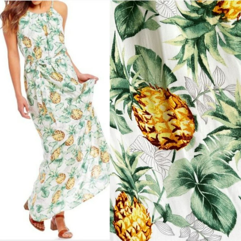 SKIES ARE BLUE Pineapple Print Halter Maxi Dress